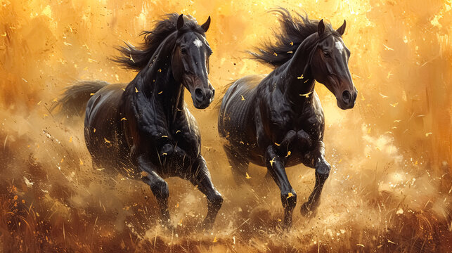 Two black horses running gallop in the autumn field. Digital painting