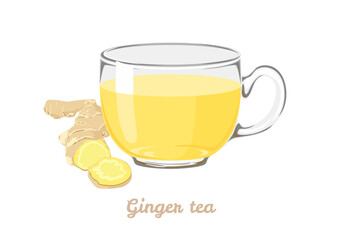 Ginger tea in transparent glass cup. Vector cartoon illustration of healthy hot drink.