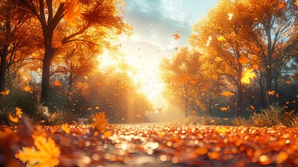 Falling leaves in the park and yellow trees. A beautiful autumn landscape with yellow trees and sunshine. Colorful foliage in the park.