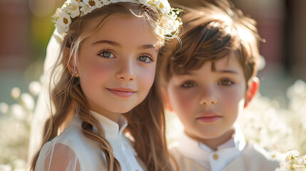 Two children, a girl and a boy in smart white clothes, go to church for their first communion.
