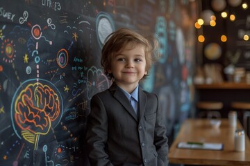 Charming boy in a stylish suit with creative drawings on a chalkboard"