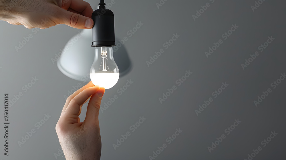 Poster changing the bulb for led bulb in floor lamp in black colour. on light gray background