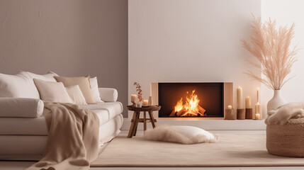 Fototapeta premium Contemporary Living Room with Plush Sofa and Warm Fireplace in Soft Beige Tones