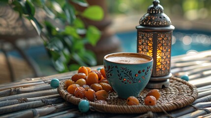 The lantern, dates fruit, rosary beads, and cup of Arabic coffee are displayed on a straw mat illuminated by arabesque shadows. - obrazy, fototapety, plakaty