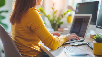 Cropped image of businesswoman working on computer while sitting at desk in office. 