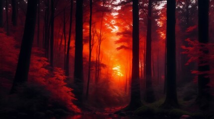 Mystical sunrise illuminates a misty forest with radiant red hues; a magical moment of serene beauty