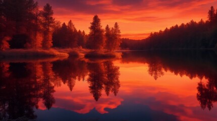 A breathtaking sunset casts a warm glow over a tranquil lake surrounded by trees. The serene landscape is reflected perfectly on the calm waters