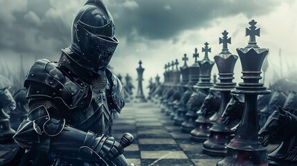 armored knight on a chessboard - a game of strategy - obrazy, fototapety, plakaty