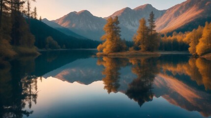 An autumnal panorama of tranquil lake waters mirroring a mountain range, bathed in the golden hour’s glow, encapsulating serene natural beauty - obrazy, fototapety, plakaty