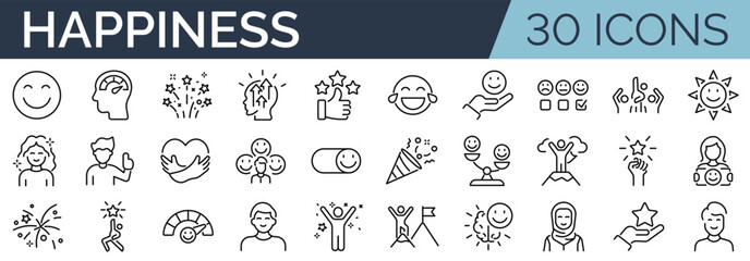 Set of 30 outline icons related to happiness.Linear icon collection. Editable stroke. Vector illustration