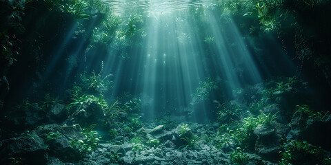Fototapeta na wymiar Mystical sunbeams piercing through dense forest canopy wallpaper .