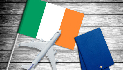 Plane on the background flag of the Ireland. Travel concept.