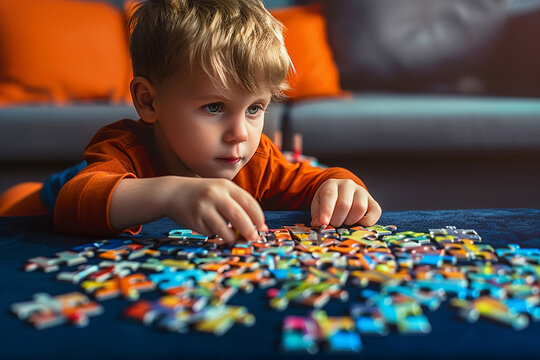 Child Playing With Puzzle Pieces, Child Playing With Blocks, Little Boy Doing A Jigsaw Puzzle