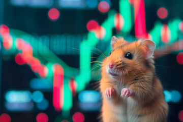 Hamster in front of blurry trading charts, novice in stock exchange and asset market concept. Neural network generated image. Not based on any actual scene or pattern. - obrazy, fototapety, plakaty