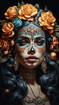 flower girl skull tattoo illustration