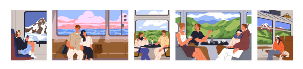 Tourists travel by train. Passengers in railway journey, relaxing in trip. People on seats, looking out window at landscapes, mountains, sea, fields sceneries, nature views. Flat vector illustrations - 750418409