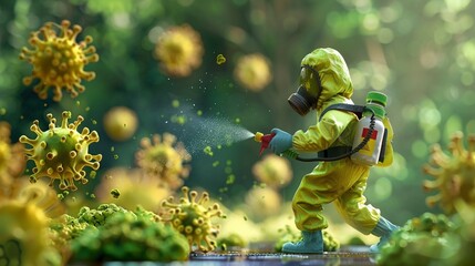3D render of a brave mascot character in a hazmat suit wielding a spray bottle like a sword ready to battle against a swarm of cartoon bacteria