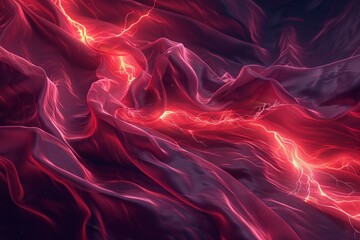 3D render of a crimson fabric weave intricate and flowing caught in a moment of electrifying thunder light