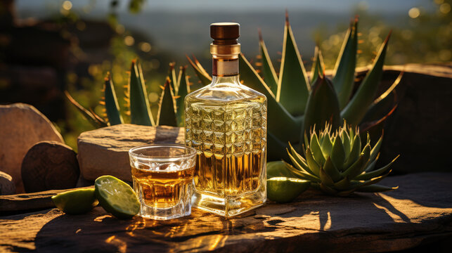 Bottle of tequila and agave plant on wooden board outdoor
