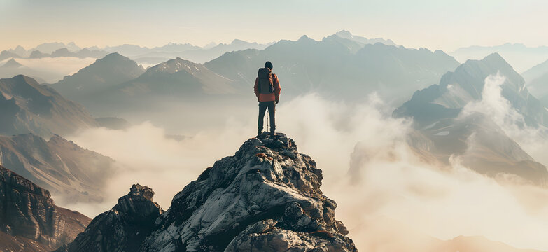 A male backpacker gazing into a valley surrounded by mountains, with clouds covering the mountain tops. This image captures the adventurer taking in the scenic beauty of the mountainous landscape.