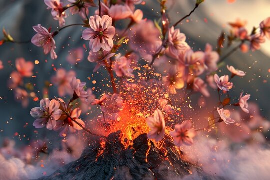 3D render of a closeup view of a volcanic vent from which a powerful blast of cherry blossoms and lotus flowers emerges