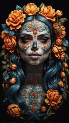 flower girl skull tattoo illustration