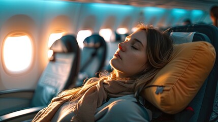Comfortable journey, female passenger peacefully sleeping on a neck cushion during a relaxed airplane flight