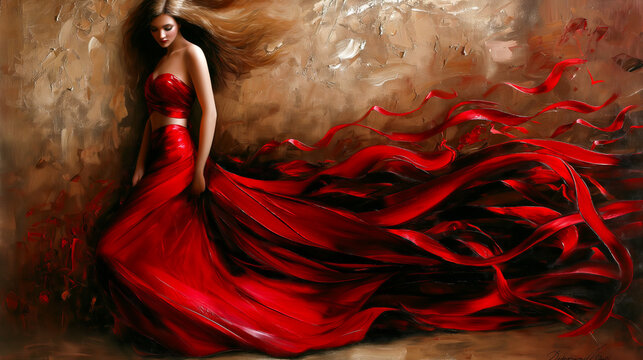 Beautiful lady wearing red gown, art, painting