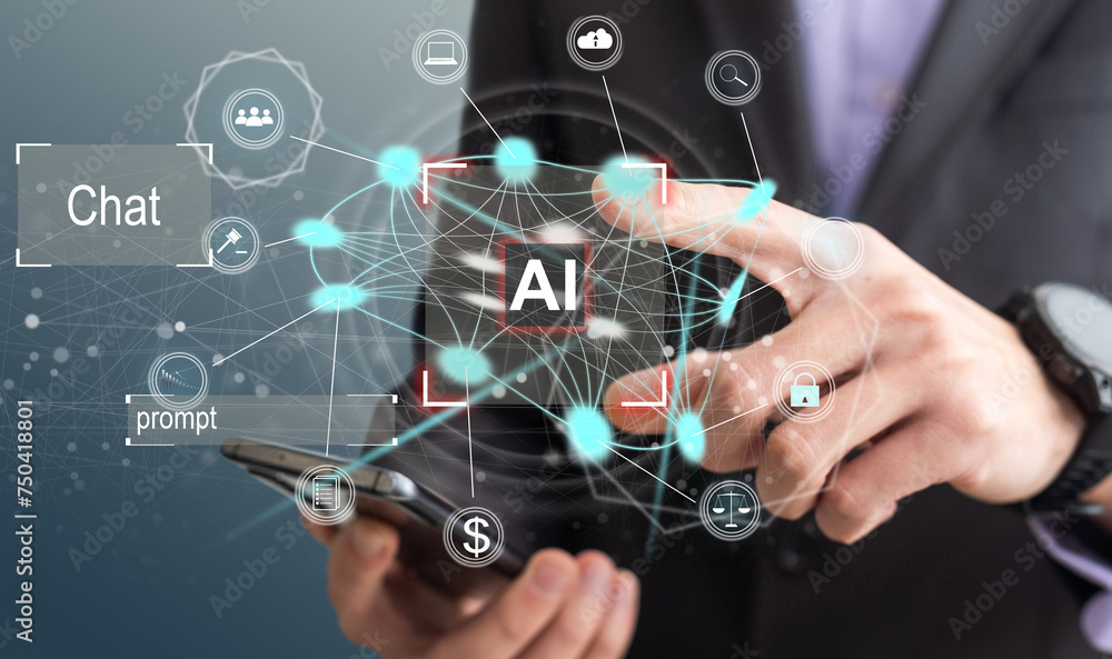 Poster man using tools ai. technology smart robot science and artificial intelligence technology, and innov
