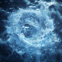 Mixture of ice particles rotating around the center water is freezing light blue write background