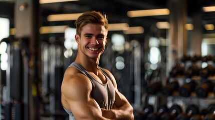 Fototapeta premium American Male Personal Trainer Smiling with Gym Background