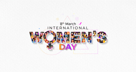 Women face with Text 8th March 2024, International Women's day. Vector greeting card design. - obrazy, fototapety, plakaty