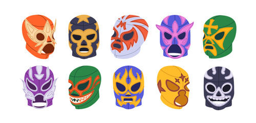 Mexican luchador masks set. Mexico wearing for lucha libre wrestling. Head, face costume for Latin wrestlers. Funny headwear for latino fight. Flat vector illustrations isolated on white background