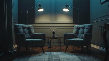 Photo two chairs and microphones in podcast or interview room isolated on dark background