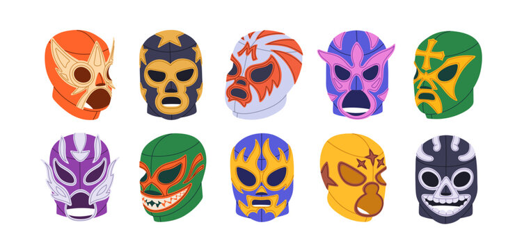 Mexican luchador masks set. Mexico wearing for lucha libre wrestling. Head, face costume for Latin wrestlers. Funny headwear for latino fight. Flat vector illustrations isolated on white background