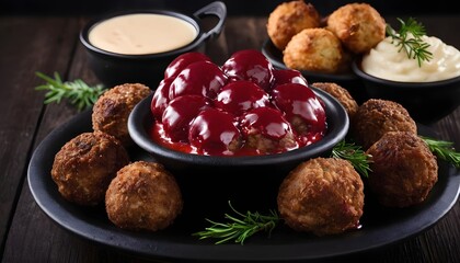 Fototapeta na wymiar Beef meatballs with lingonberries jam, swedish meatballs. Dark background. Top view.