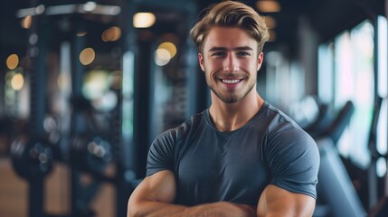 Obraz premium American Male Personal Trainer Smiling with Gym Background
