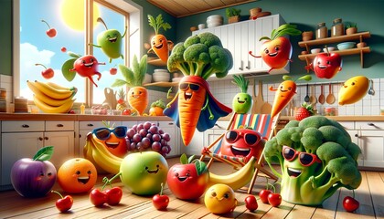 This AI-generated image features an array of lively, anthropomorphic fruit and vegetable characters in a sunny kitchen setting, exuding a cheerful vibe. - obrazy, fototapety, plakaty