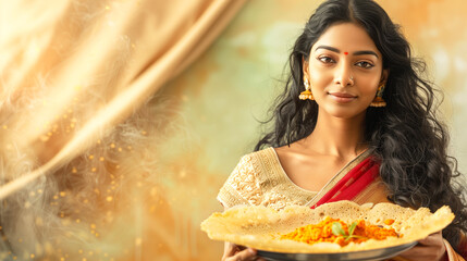 25+ young Woman in a saree presenting a crispy Masala Dosa, beauty