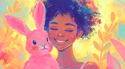 Adorable African American little girl cuddling with bunny