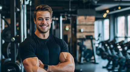 Fototapeta na wymiar American Male Personal Trainer Smiling with Gym Background