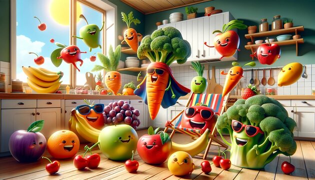 This AI-generated image features an array of lively, anthropomorphic fruit and vegetable characters in a sunny kitchen setting, exuding a cheerful vibe.