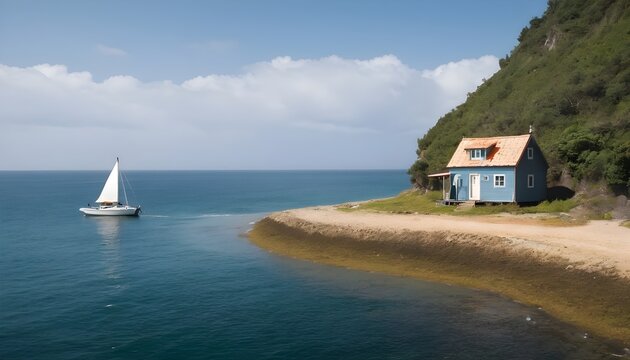 boat and a small house  on the coast of the ocean