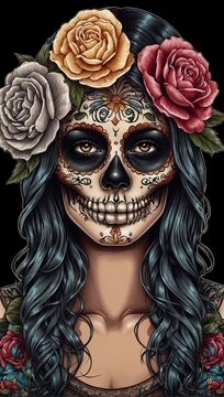 flower girl skull tattoo illustration