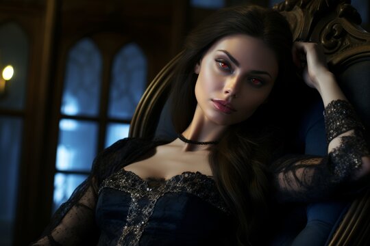 
A woman vampire with an enigmatic smile and piercing blue eyes, of Scandinavian descent, reclining on a velvet chaise longue in a dimly lit chamber of her castle, her gaze both captivating and unner