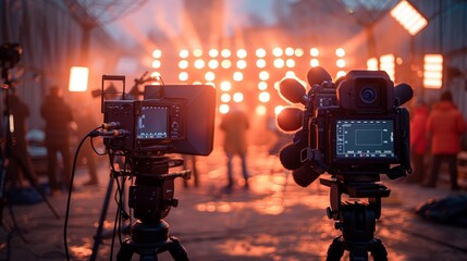 a movie sets with around microphones and camera lights - obrazy, fototapety, plakaty