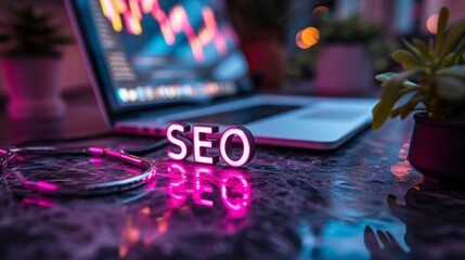 Neon SEO Sign Glowing on Dark Background with Laptop and Plant in Modern Office Setting - obrazy, fototapety, plakaty