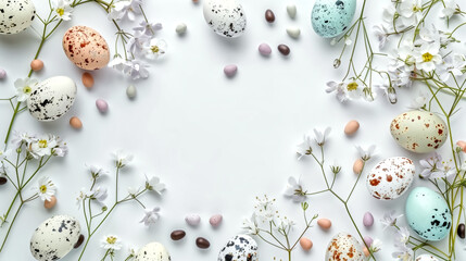 colorful pastel Easter quail eggs and springtime flowers over wh