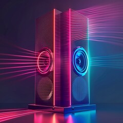 a soundwave coming out of two large stage speakers gradient colors 8k hires photorealistic