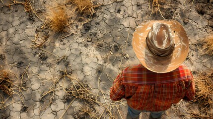A farmer surveys parched land devastated by drought highlighting urgent agricultural challenges. Concept Agricultural Challenges, Drought Impact, Farmer's Struggle, Parched Land, Urgent Situation